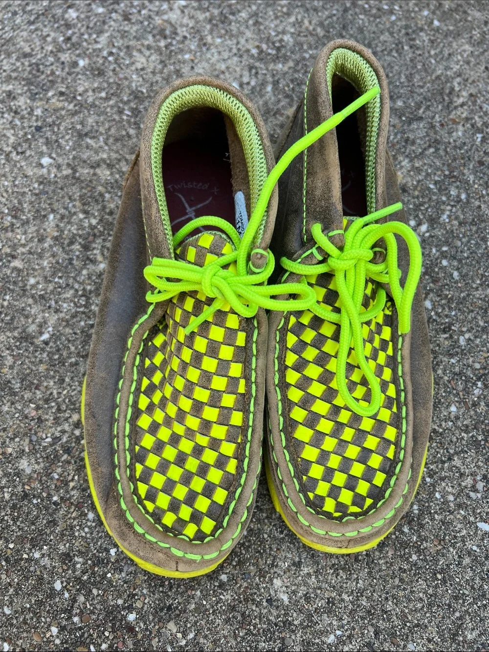 Twisted X Neon Yellow and Brown Woven Kids Moccasins